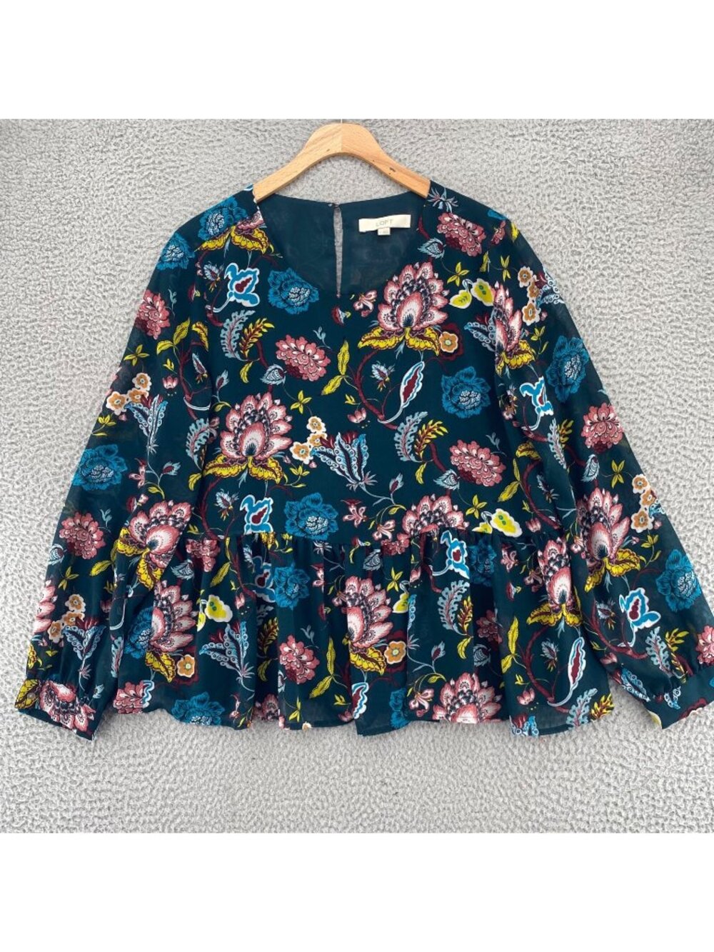 LOFT Top Womens Large Green Multi Floral Long Sleeve Empire Waist Ruffle Blouse